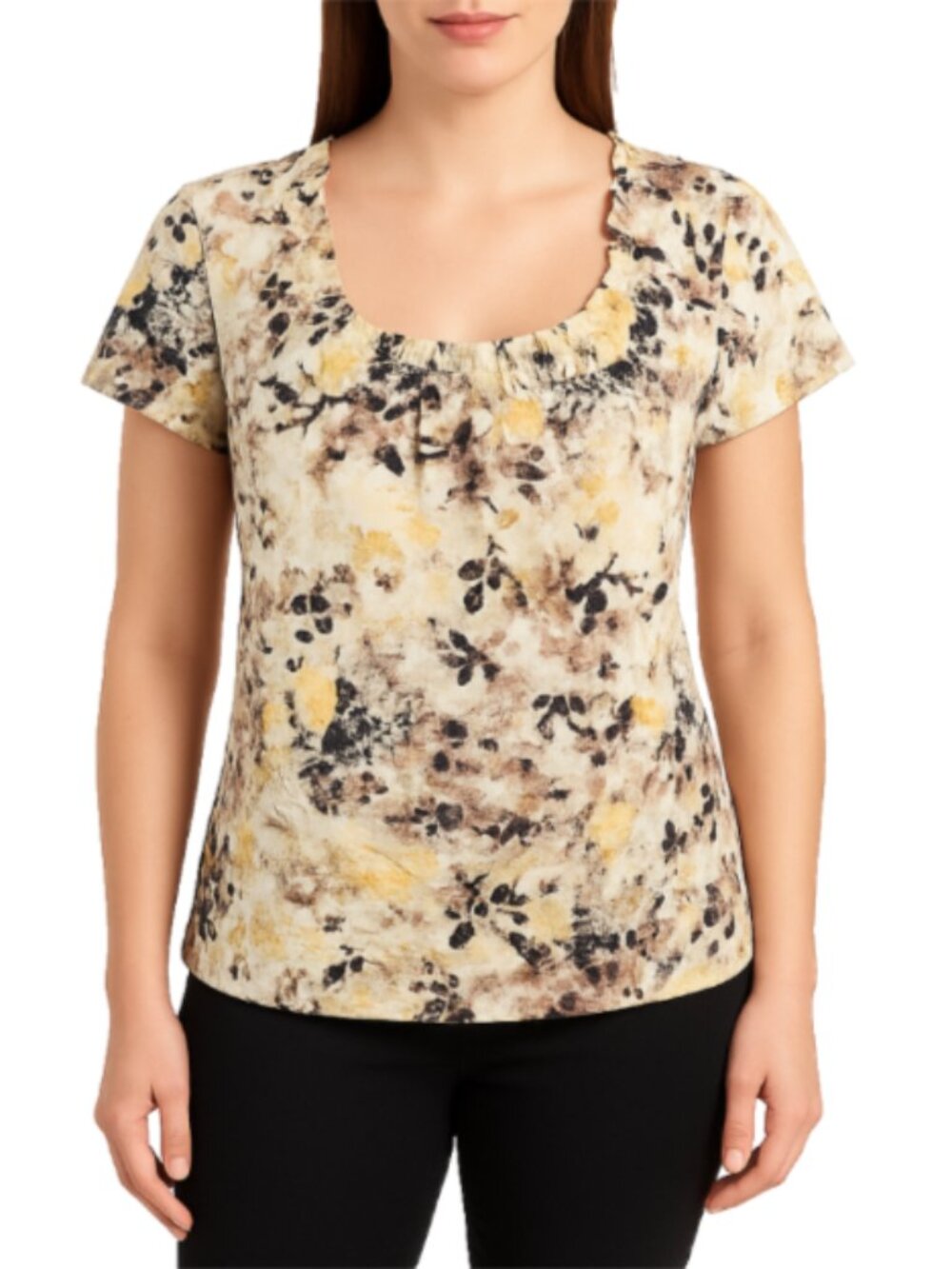 NEW St. John's Bay Medium Black and Yellow Floral Blouse All Cotton Ruffle Neck